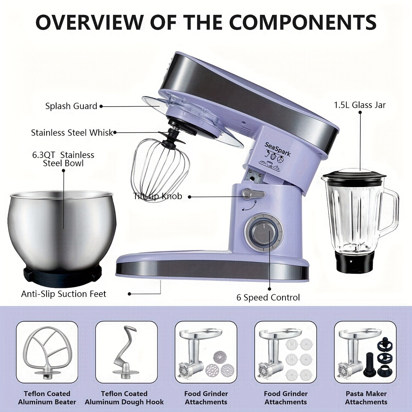 Keukenmixer – Mixer – Standmixer – Mengmachine – KitchenAid – Paars – 6-in-1 Multifunctioneel – 6,3 Liter RVS Kom – 6 Snelheden Met Pulsestand