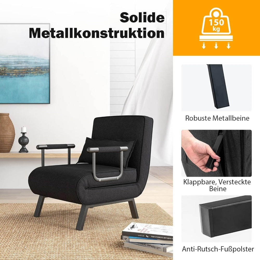 4-in-1 Slaapbank – Opvouwbare Bank – Relaxstoel – Ligstoel – Eenpersoonsbed – Verstelbare Rugleuning – Linnen Bekleding – Compact & Multifunctioneel