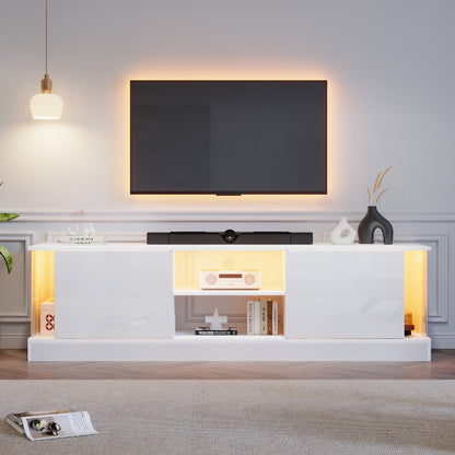 Moderne Witte High-Gloss Tv-Meubel – Rustieke Tv-Stand – Tv-Meubel Met Opbergruimte – Tv-Kast Voor Woonkamer – Tv-Tafel Voor Slaapkamer – Duurzaam Metalen Frame – Kabelmanagement Systeem