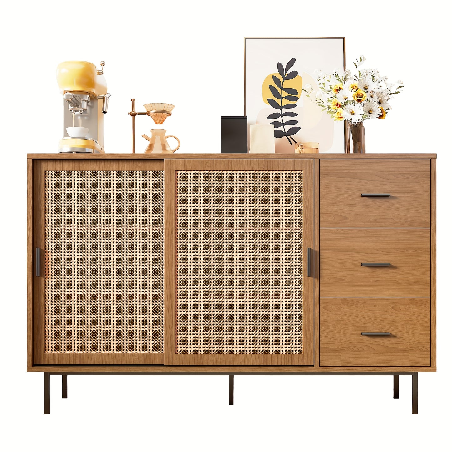 Rustic Modern Metal with 2 Sliding Doors & 3 Drawers - Adjustable Shelves, Freestanding/Dining Room Sideboard, Space-Saving Design (140x91x37cm) - No-Wood Furniture in Neutral Tones for Apartments, Farmhouse, or Contemporary