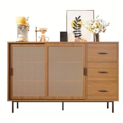 Rustic Modern Metal with 2 Sliding Doors & 3 Drawers - Adjustable Shelves, Freestanding/Dining Room Sideboard, Space-Saving Design (140x91x37cm) - No-Wood Furniture in Neutral Tones for Apartments, Farmhouse, or Contemporary