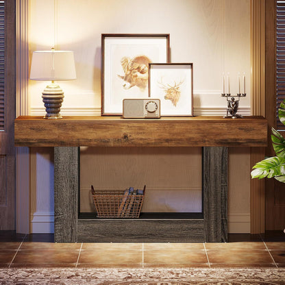 Sidetable – Wandtafel – Consoletafel – Haltafel – Bijzettafel – Landelijke Rustieke Stijl – 160x30x82 cm – Houten Twee Niveaus