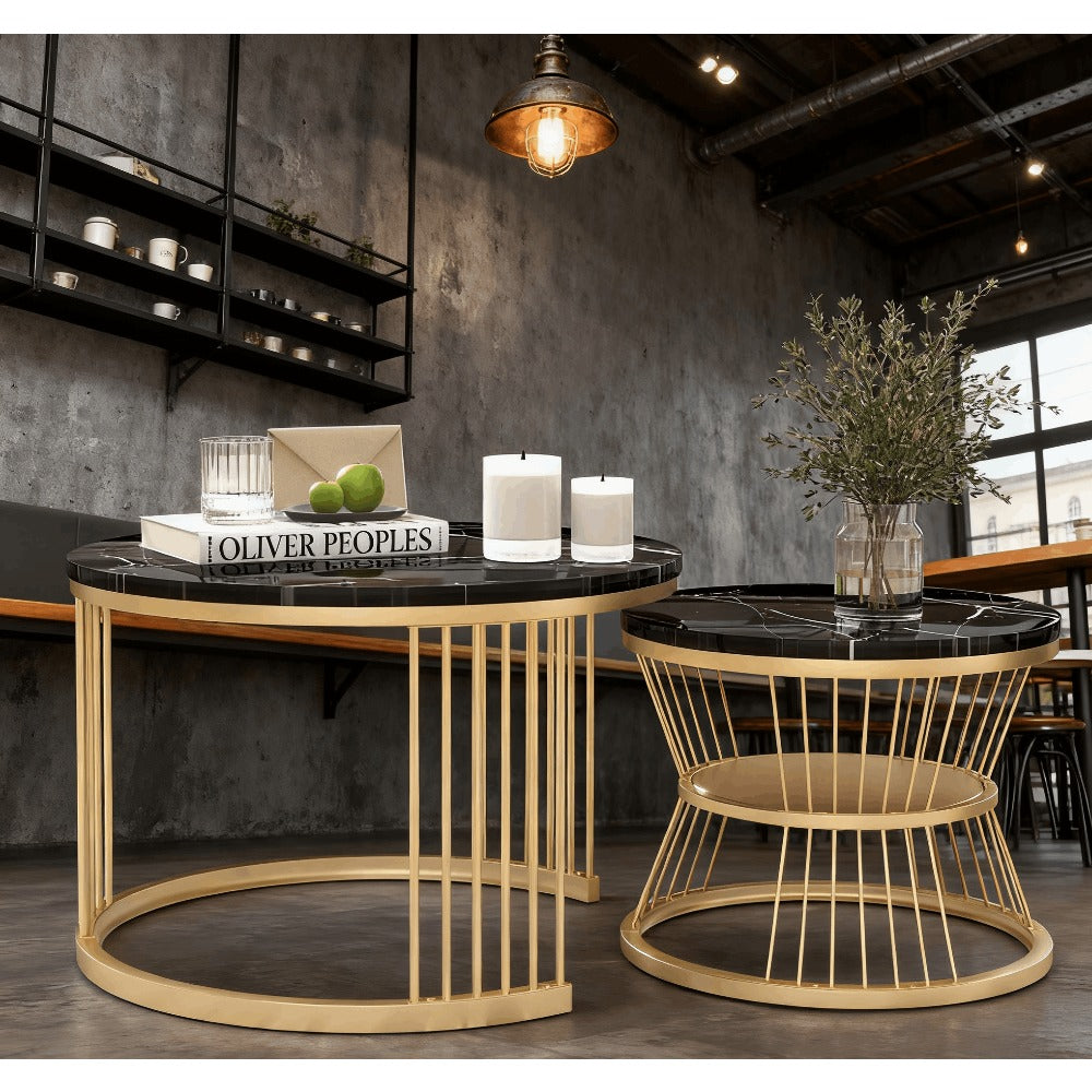 Salontafel – Bijzettafel – Nesting Tafel – Woonkamertafel – Balkon Salontafel – Metaal Frame – Marmerlook – Set Van 2 – Ronde Bladen – Ruimtebesparend – Lichtgewicht