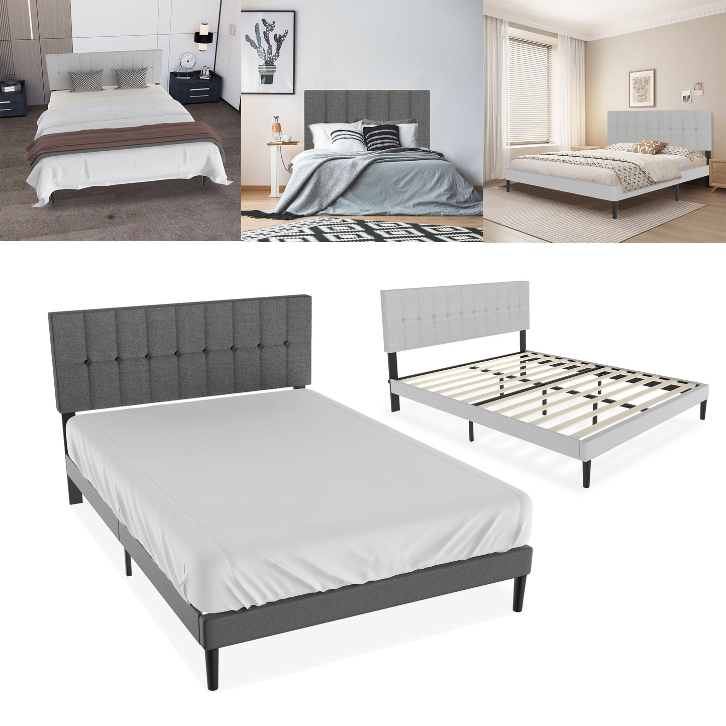 Bedframe – Bedombouw – Slaapkamerset – Linnen Bed – Gestoffeerd Bed – 140x200 cm – Vleugelvormig Hoofdbord – Eenvoudige Montage
