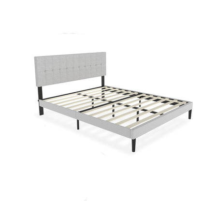 Bed – Bedframe – Slaapbed – Ledikant – Bedombouw – Lichtgrijs – 140x200 cm – Linnen Bekleding – Stevig Metaal – 12 Lattenbodems – Hoogwaardig Comfort