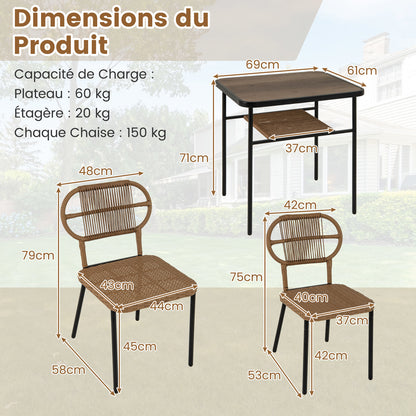 Tuinset – Bistroset – Diningset – Loungeset – Balkonset – 3-delig Met Opbergplank – Weerbestendig PE-rattan & Metalen Frame