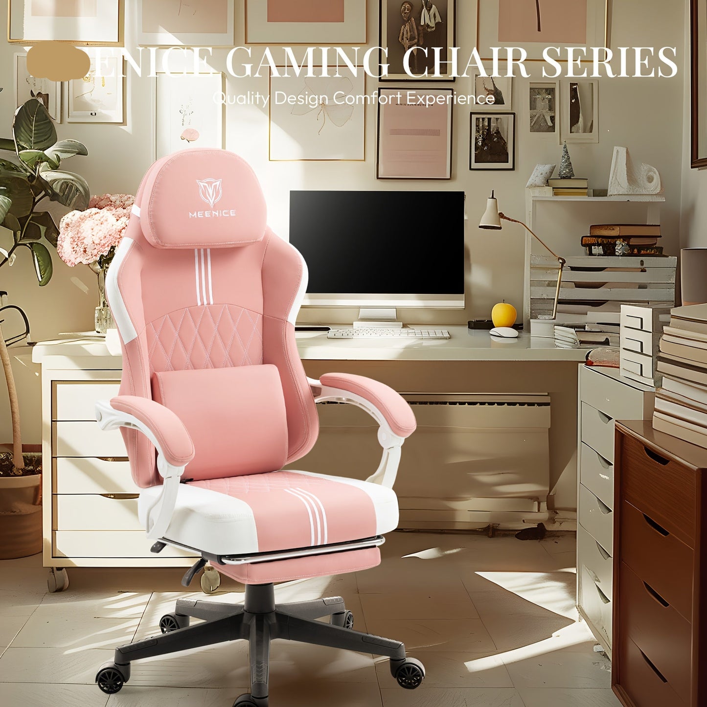 Gamingstoel – Gamestoel – Gaming Chair – Bureaustoel – Game Stoel – Ergonomisch – Hoog Rugleuning – Ademend Materiaal – PU Leer & Stof – Pocketvering Zitting – Max 136 kg – Roze