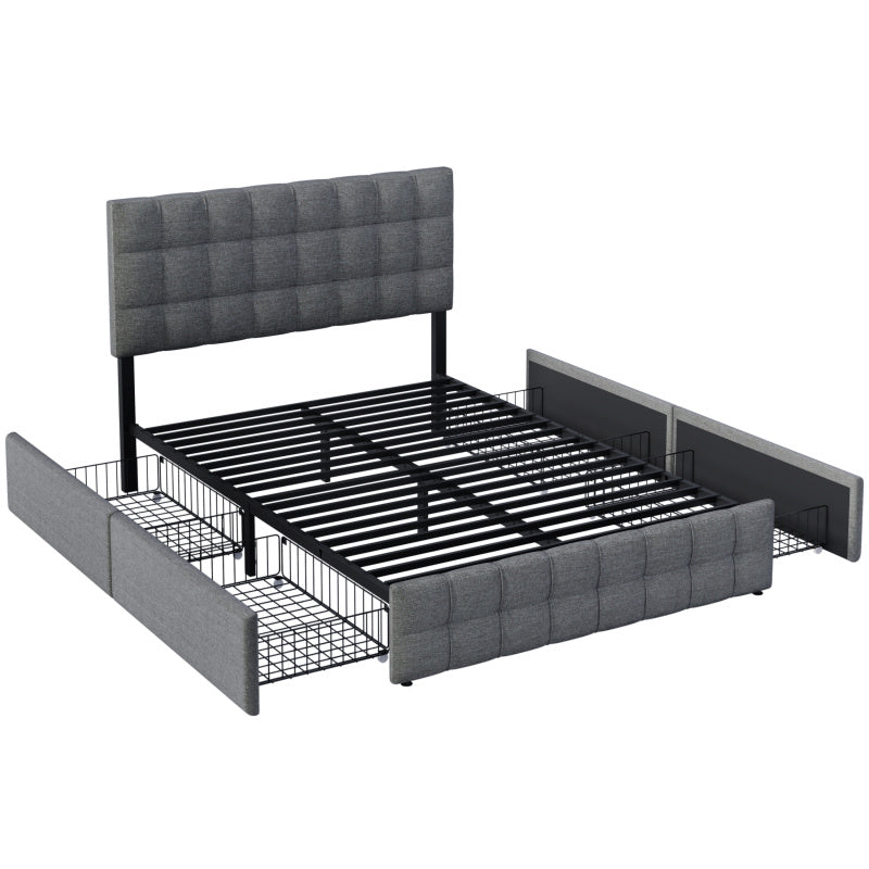 Bedkastenbed – Eenpersoonsbed – Opbergbed – Jeugdbed – Slaapbank – Met Vier Laden – Metalen Frame – Grijze Linnen Bekleding – 140x200 cm – Verstelbaar Hoofdbord