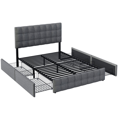 Bedkastenbed – Eenpersoonsbed – Opbergbed – Jeugdbed – Slaapbank – Met Vier Laden – Metalen Frame – Grijze Linnen Bekleding – 140x200 cm – Verstelbaar Hoofdbord