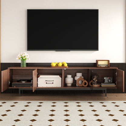 Modern Metal TV Stand with Carved Texture & Tempered Glass Doors - Low-Profile Media Console, Sturdy Metal Construction, Minimalist Entertainment with Storage Cabinet & Open Shelf for Living Room, Fits Flat-Screen TVs, Easy A