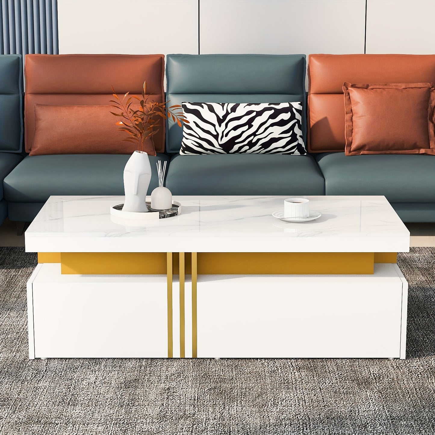 Modern Coffee Table with 2 Storage Drawers - High-Gloss White Artificial Marble Top & Golden Metal Handles, 100x50x40cm, Hardwood Frame, Easy Assembly for Living Room, Coffee Table for Living Room, Decorative Centerpiece, Min