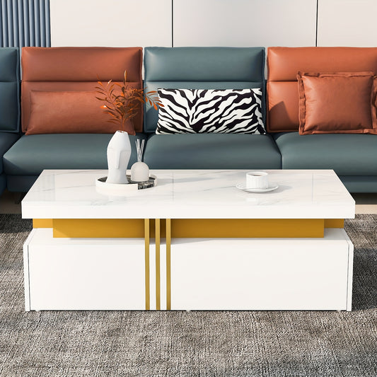 Modern Coffee Table with 2 Storage Drawers - High-Gloss White Artificial Marble Top & Golden Metal Handles, 100x50x40cm, Hardwood Frame, Easy Assembly for Living Room, Coffee Table for Living Room, Decorative Centerpiece, Min