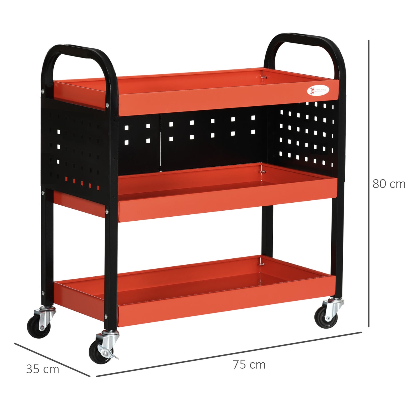 DURHAND Workshop Trolley Servant Trolley 3-Level Tool Cart with Shelves, Hanging Boards, Load Up to 100 Kg, Workshop Trolley for Garage, Warehouse, DIY Tools, Red