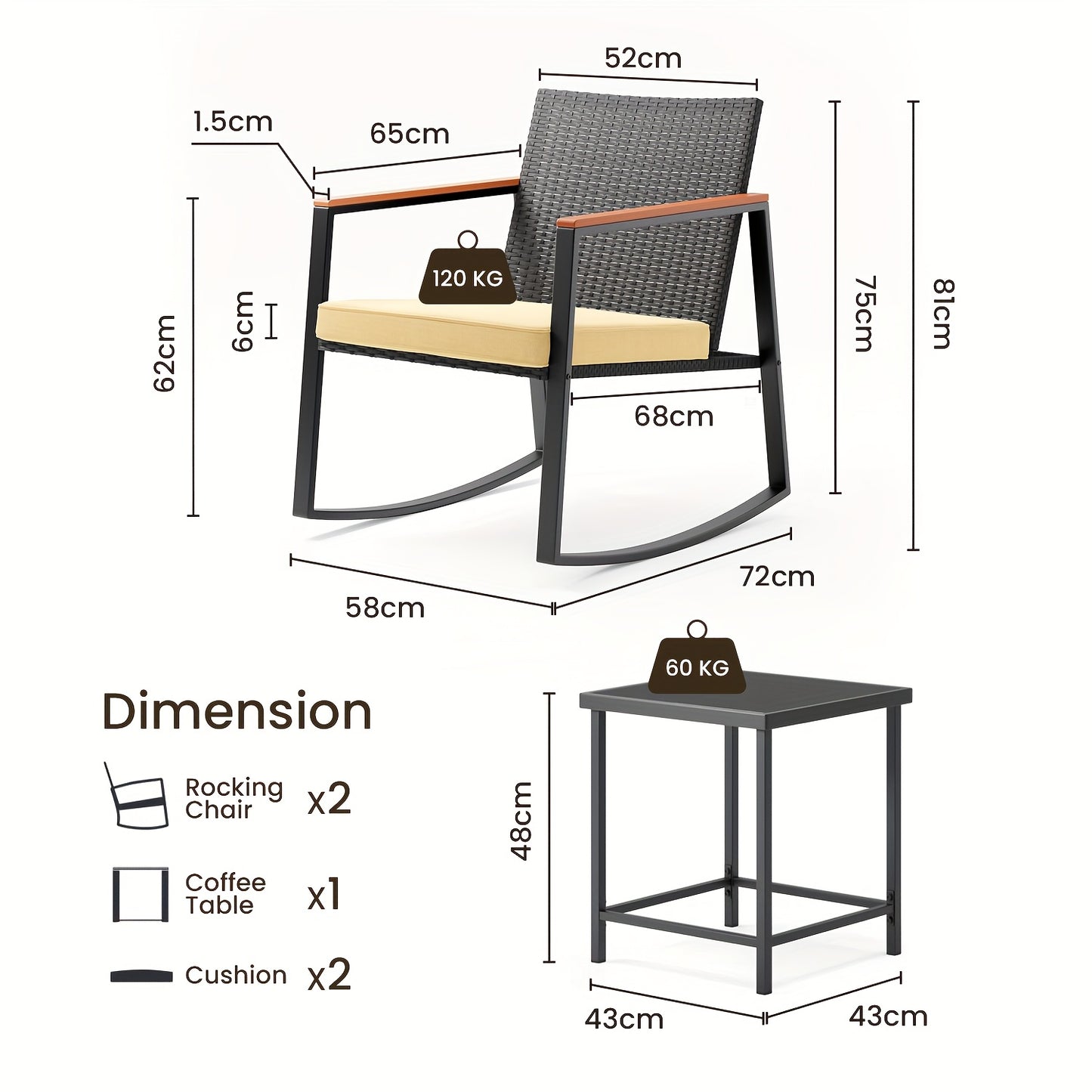 3-delig PE Rattan Loungeset Outdoor – Tuinmeubelset, Balkonmeubilair, Wicker Sofa, Lounge Stoelen – All-Weather Bestendig, Met Glas Tafelblad – Beige Kleurvariant