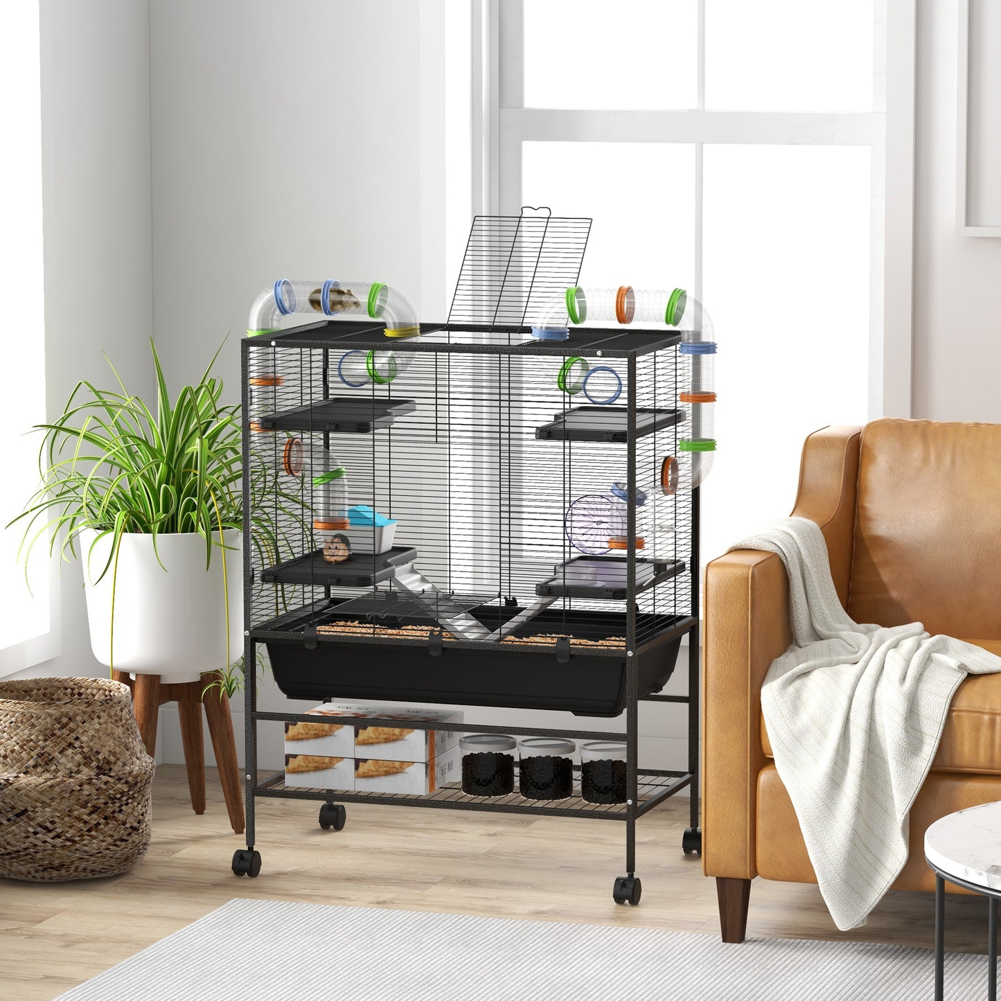 Hamsterkooi – Knaagdierkooi – Gerbilkooi – Knaagdierverblijf – Hamsterkooi Met Buizen – Ruime Leefruimte 109x82x46 cm – Inclusief Looprad & Drinkfles