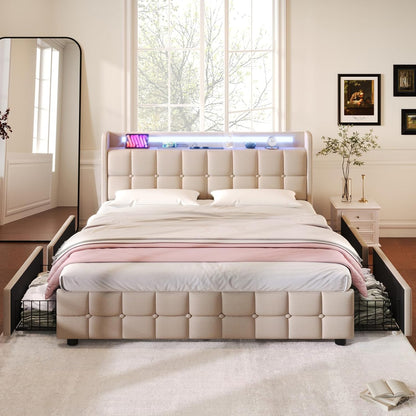 Tweepersoonsbed – Opbergbed – Gestoffeerd Bed – Bed 160x200 – Slaapbed – Met LED Verlichting – 4 Lades – USB Oplader – Houten Frame – Beige