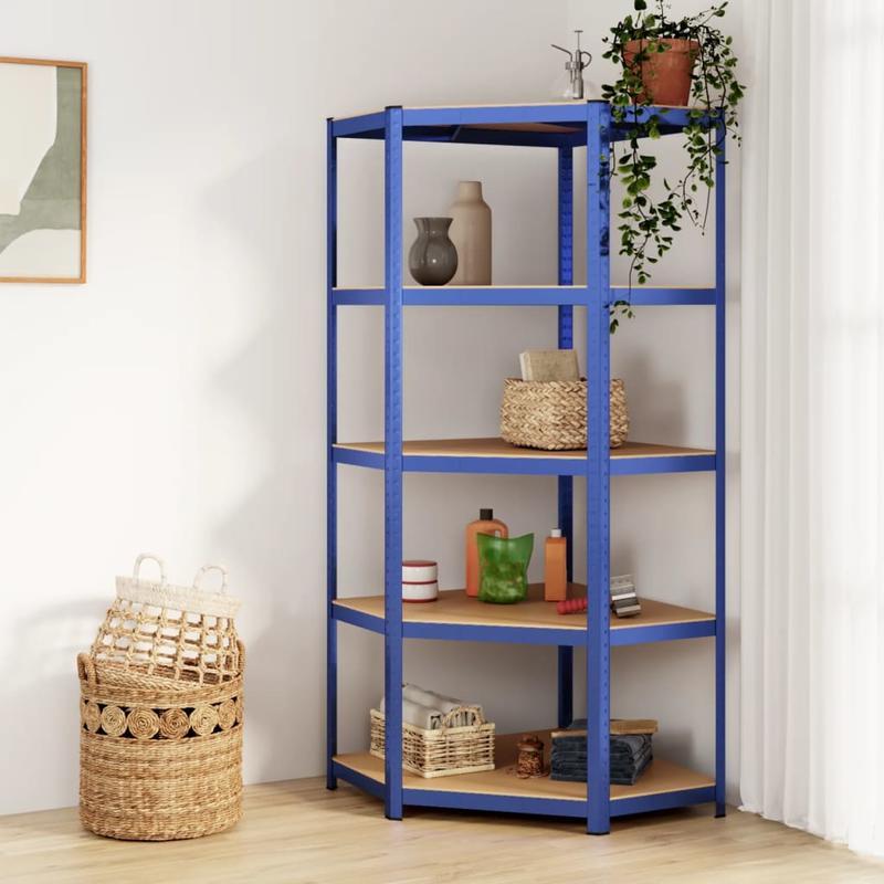 Hoekrek – Opbergrek – Hoekplank – Boekenkast – Opbergkast – 5-laags – Blauw Staal en Engineered Wood