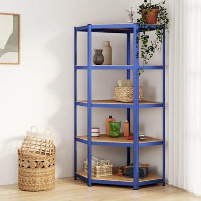 Hoekrek – Opbergrek – Hoekplank – Boekenkast – Opbergkast – 5-laags – Blauw Staal en Engineered Wood