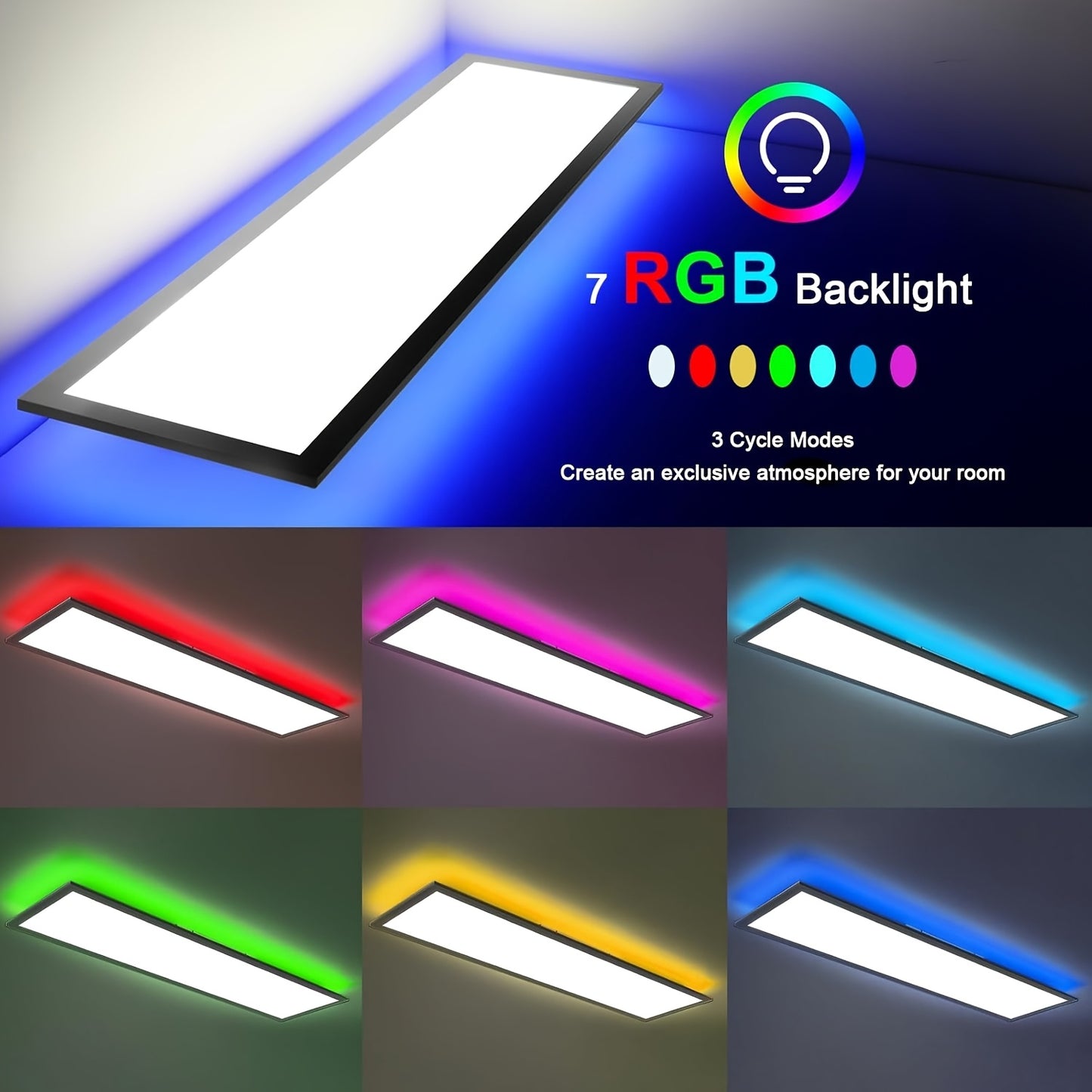 Dubbele LED Plafondlamp – LED Plafondverlichting – LED Plafondpaneel – RGB Plafondlamp – Moderne Plafonnière – 120 cm Zwart Frame – Verstelbare Kleurtemperatuur en RGB Achtergrondverlichting