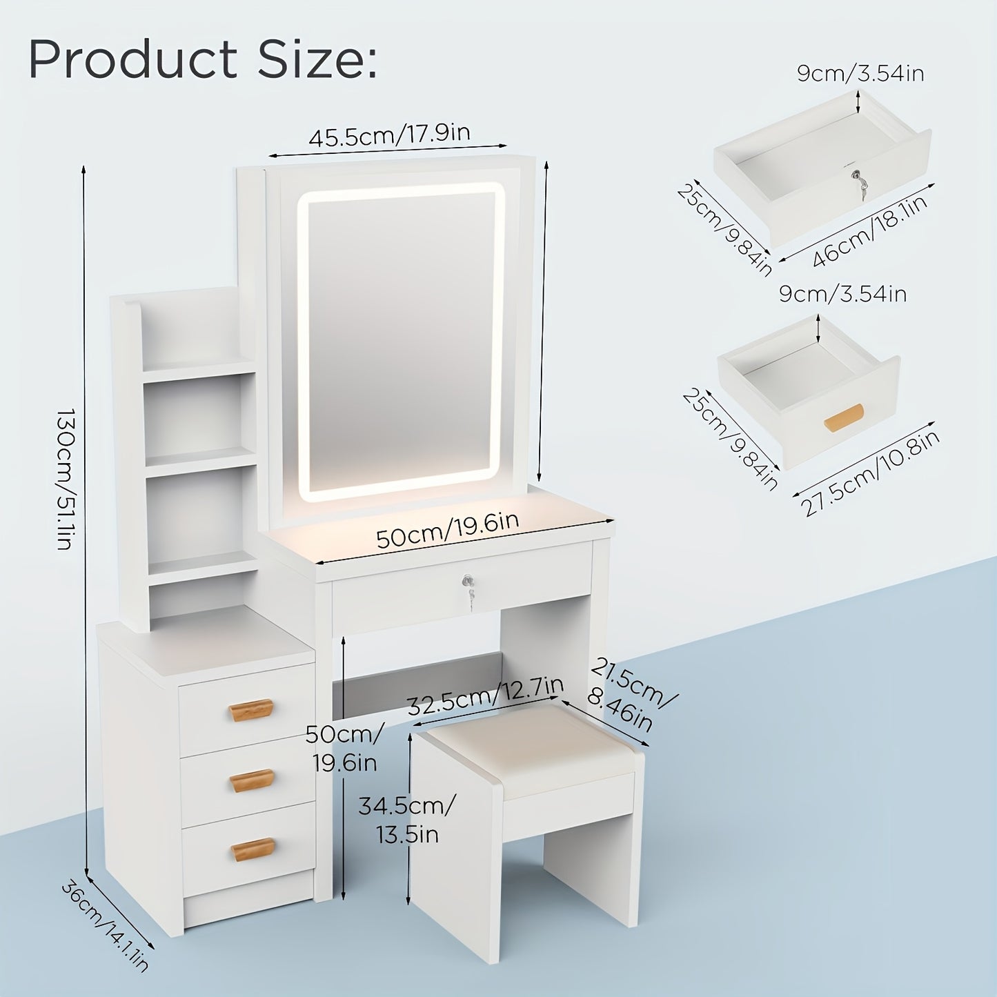 Kaptafel – Make-uptafel – Schminktisch – Toilettafel – Beautytafel – Met LED-verlichting – 4 Laden en Opbergruimte – Witte Afwerking – Inclusief Spiegel en Kruk
