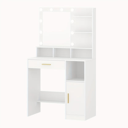 Make-up Tafel – Kaptafel – Schminktafel – Visagie Tafel – Dressing Table – 10 LED Lampen – 3 Verstelbare Lichtstanden – Wit