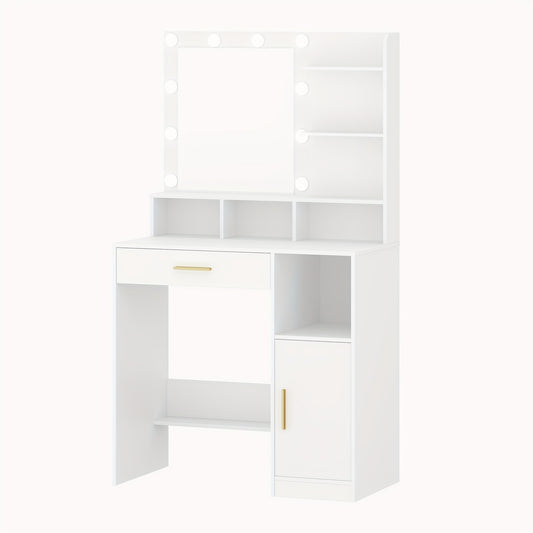 Make-up Tafel – Kaptafel – Schminktafel – Visagie Tafel – Dressing Table – 10 LED Lampen – 3 Verstelbare Lichtstanden – Wit