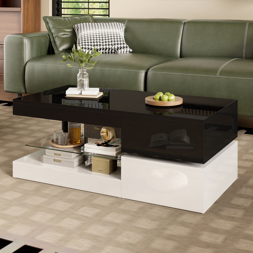 Salontafel – Koffietafel – Bijzettafel – Woonkamertafel – Tafel – Zwart-Wit – Glazen Blad – Ruime Onderplank