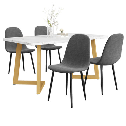 Eettafelset – Eethoek – Keukentafelset – Zitgroep – Eetkamertafel – Modern Design – Wit MDF Tafelblad met Gouden Metalen Poten – 4 Stoelen met Grijze Linnen Bekleding