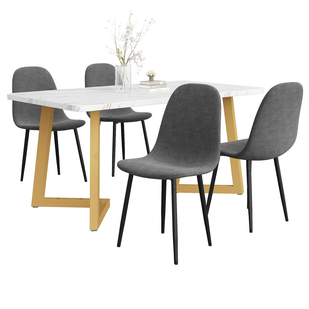 Eettafelset 5-delig – Eetkamerset – Dinerset – Tafel met Stoelen – Witte Tafel Met Gouden Metalen Poten – Grijze Linnen Bekleding – Stevig & Duurzaam – Modern Elegant Design
