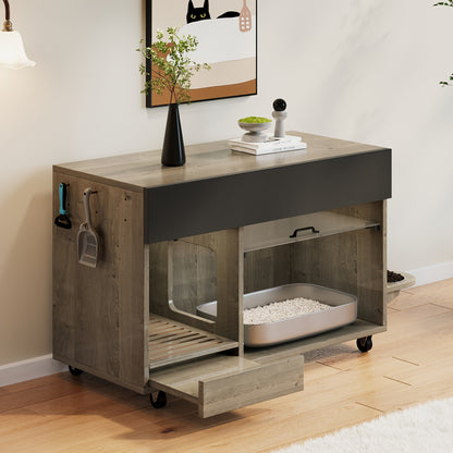 Portable Cat Litter Cabinet with Cat Food Tray & Odor-Control System - 4-Wheel Mobile Storage Unit, Perforated Plate & Sand Collection Tray, Space-Saving Design for Cats (Compatible with Litter Boxes, Litter Box Not Included)