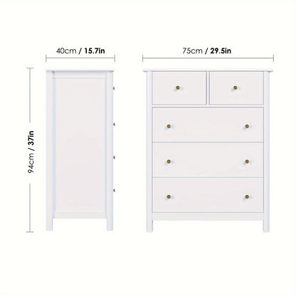 Kealive Modern White 5-Drawer Tall Dresser with Rounded Legs - Freestanding Storage Cabinet with Spacious Drawers, Easy Assembly, Glossy Painted Finish, Space-Saving Design for Bedroom, Living Room, Hallway - Sturdy Modern Fu