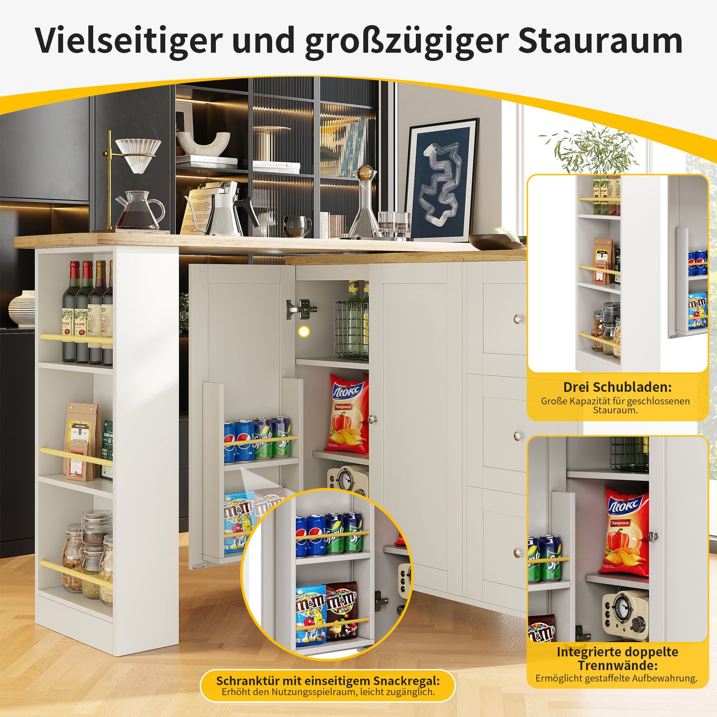 Dressoir – Sideboard – Opbergkast – Ladekast – Draaibaar 360° – Uittrekbare Lengte 135-203 cm – Met Wieltjes en Lade