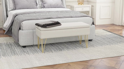Opbergbank – Bergbank – Opbergkist – Poef – Zitbank – Linnenstof Creme – Met Gouden Metalen Poten – 100x40x49 cm – Met Opbergruimte