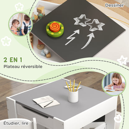 Kinderbureau Set – Kindertafel – Kindertafel Met Stoelen – Speeltafel – Tafel Met Opbergruimte – Omkeerbaar Tafelblad – Eenvoudig Schoon Te Maken – Grijs