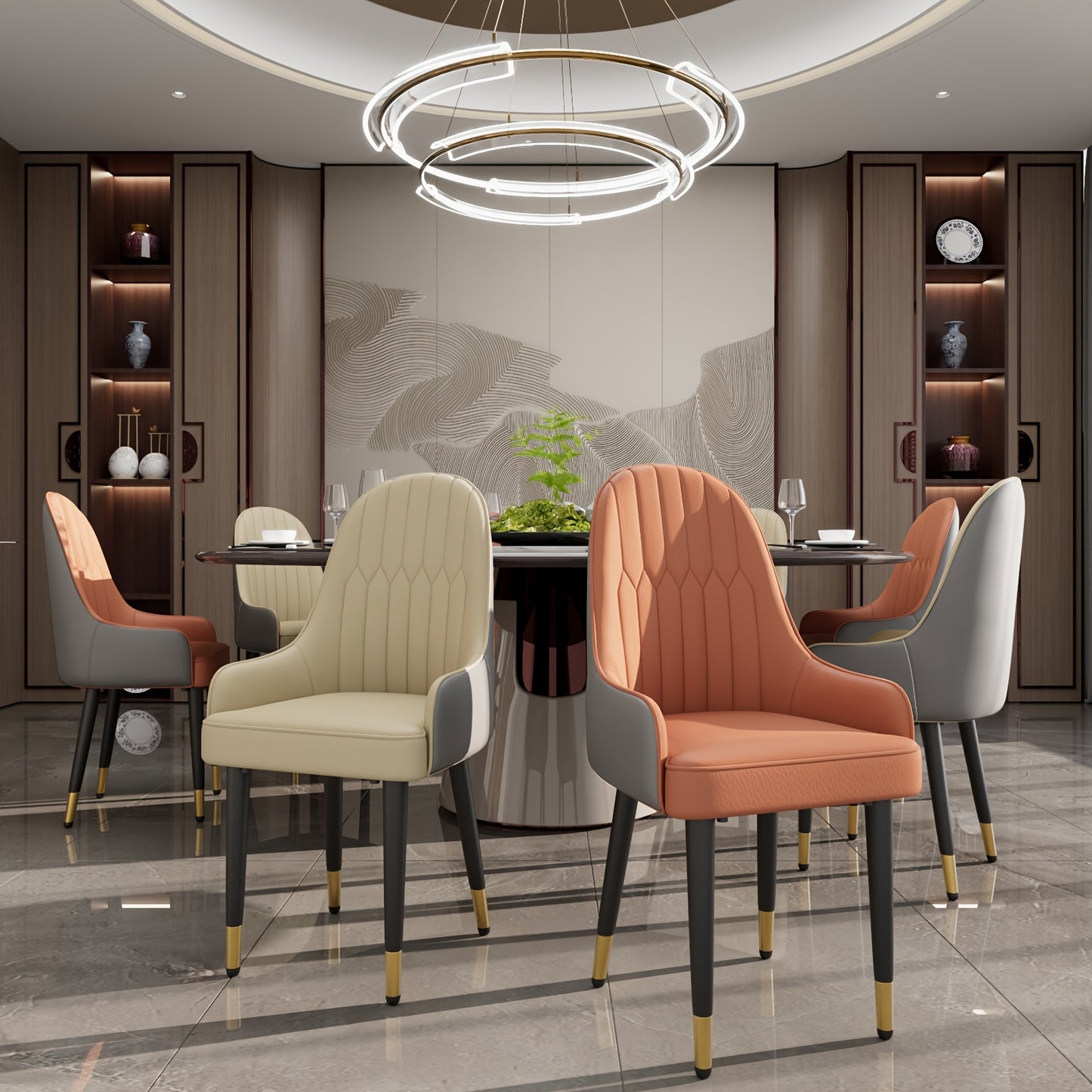Set Of 2 Microfiber Dining Chairs: Metal Legs, High Backrest, Modern Kitchen Fabric Dining Chairs, Orange +Grey, Beige for Restaurant, Dining Room, Living Room