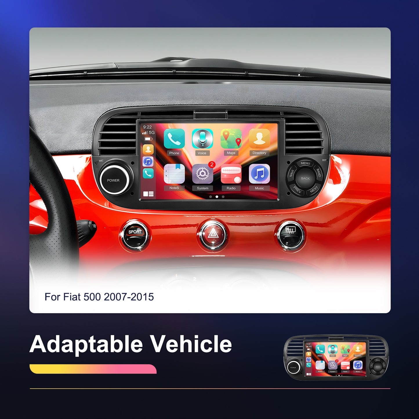 Autoradio Fiat 500 – Multimedia Autoradio – Android Auto Radio – Navigatiesysteem – Draadloze CarPlay – 7 Inch HD Touchscreen – Wireless GPS & Wifi