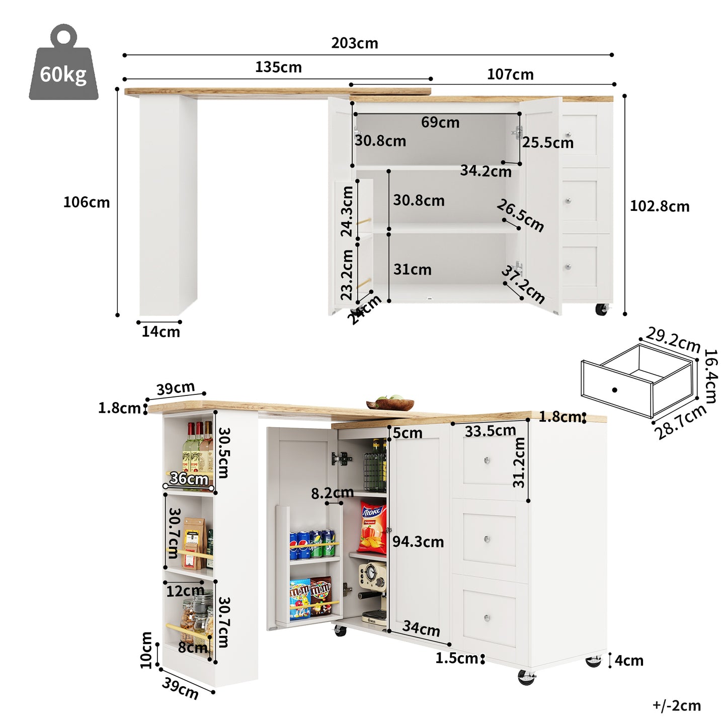 Dressoir – Opbergkast – Ladekast – Keukenkast – Wandkast – 360° Draaibaar – Verstelbare Lengte 135-203 cm