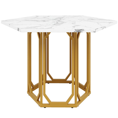 Ronde Eettafel – Ronde Tafel – Keukentafel – Ontbijttafel – Compacte Eettafel – Wit Goud Marmerpatroon – Stevige Bamboe Onderstel – Metalen Poten – Duurzaam & Onderhoudsvriendelijk