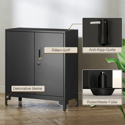 Opbergkast – Metalen Kast – Lockerkast – Archiefkast – Kantoorkast – Zwart Metalen Frame – Houtlook Deuren – 2-Laags – Vergrendelbaar Sleutelslot