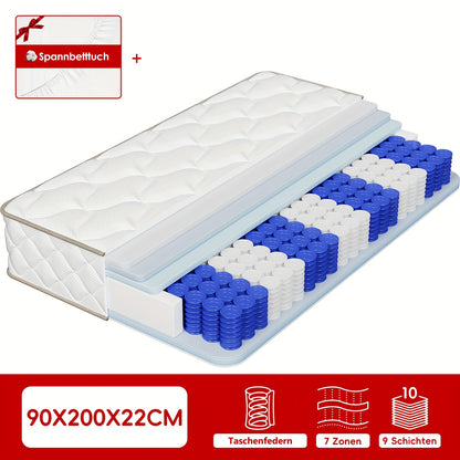 Carroltt Mattress 90x200/140x200cm, Pocket Spring Mattress 7-zone, Height 22cm/25cm, (breathable), Spring Mattress with Fitted Sheet, Mattress for Adults