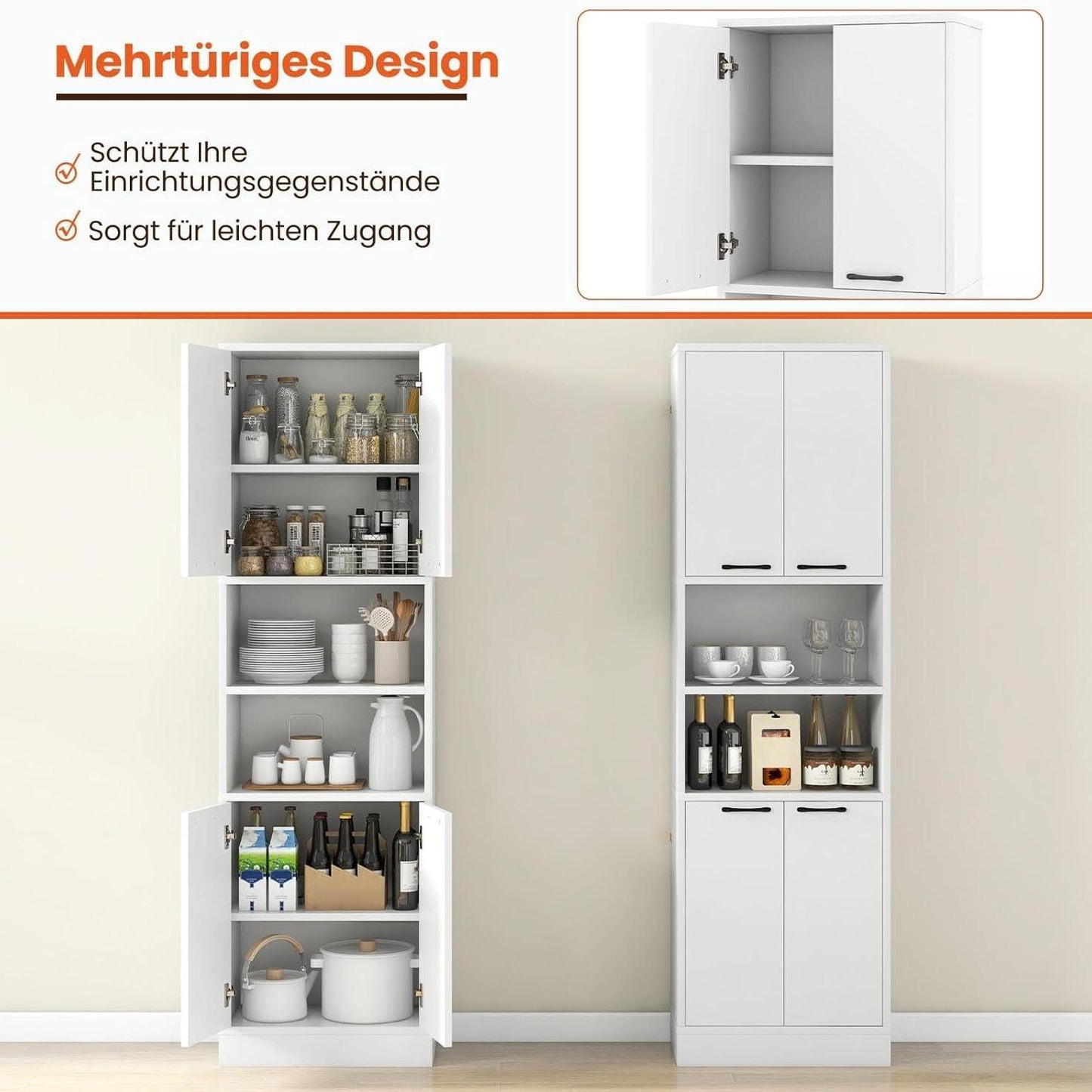 Opbergkast – Hoge Kast – Keukenkast – Dichte Deuren Kast – Open Planken Kast – 190 cm Hoog – Anti-Kantelbeveiliging & Stevig MDF Materiaal – Wit Naturel