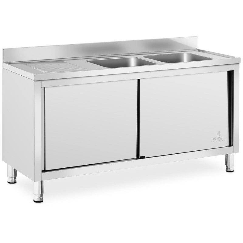 Dubbele Spoelbak – Keukenspoelbak – RVS Spoelbak – Gastronomische Spoelbak – Spoelunit Met Kast – Roestvrij Staal – 160x60x95 cm – Dubbele Bak 40x40 cm – Kast Met Schuifdeuren