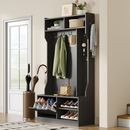 Kapstok – Garderoberek – Wandkapstok – Garderobe – Staande Kapstok – Compleet Garderobekast Met Bankje – 6 Haken – 100x185,5x40 cm – Zwart – Hoogwaardig Spaanplaat