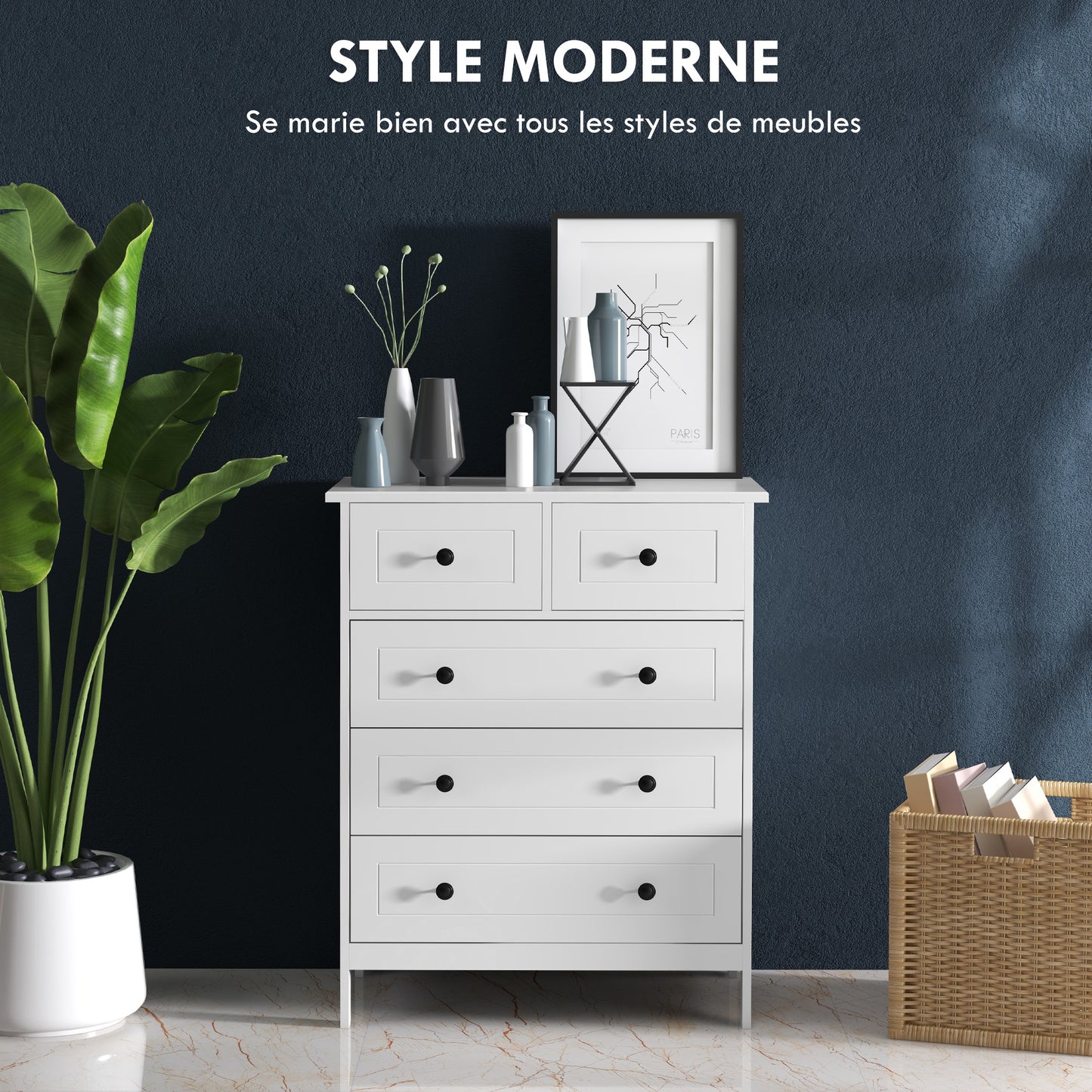Ladekast – Opbergkast – Commode – Kast – Ladenkast – Wit – 5 Ruime Laden – Compact Formaat 74x40x91 cm