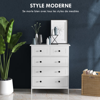 Ladekast – Opbergkast – Commode – Kast – Ladenkast – Wit – 5 Ruime Laden – Compact Formaat 74x40x91 cm