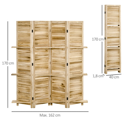 Kamer-scherm – Roomdivider – Scheidingswand – Vouwdeur – Scherm met Planken – Paulownia Hout – 4 Panels 162x170 cm – 3 Opbergplanken – Autoclave Den Look