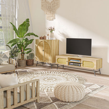 HOMCOM Storage Cabinet Buffet High Wooden And Wicker Design 2 Doors - 80 X 39 X 101.8 Cm Natural