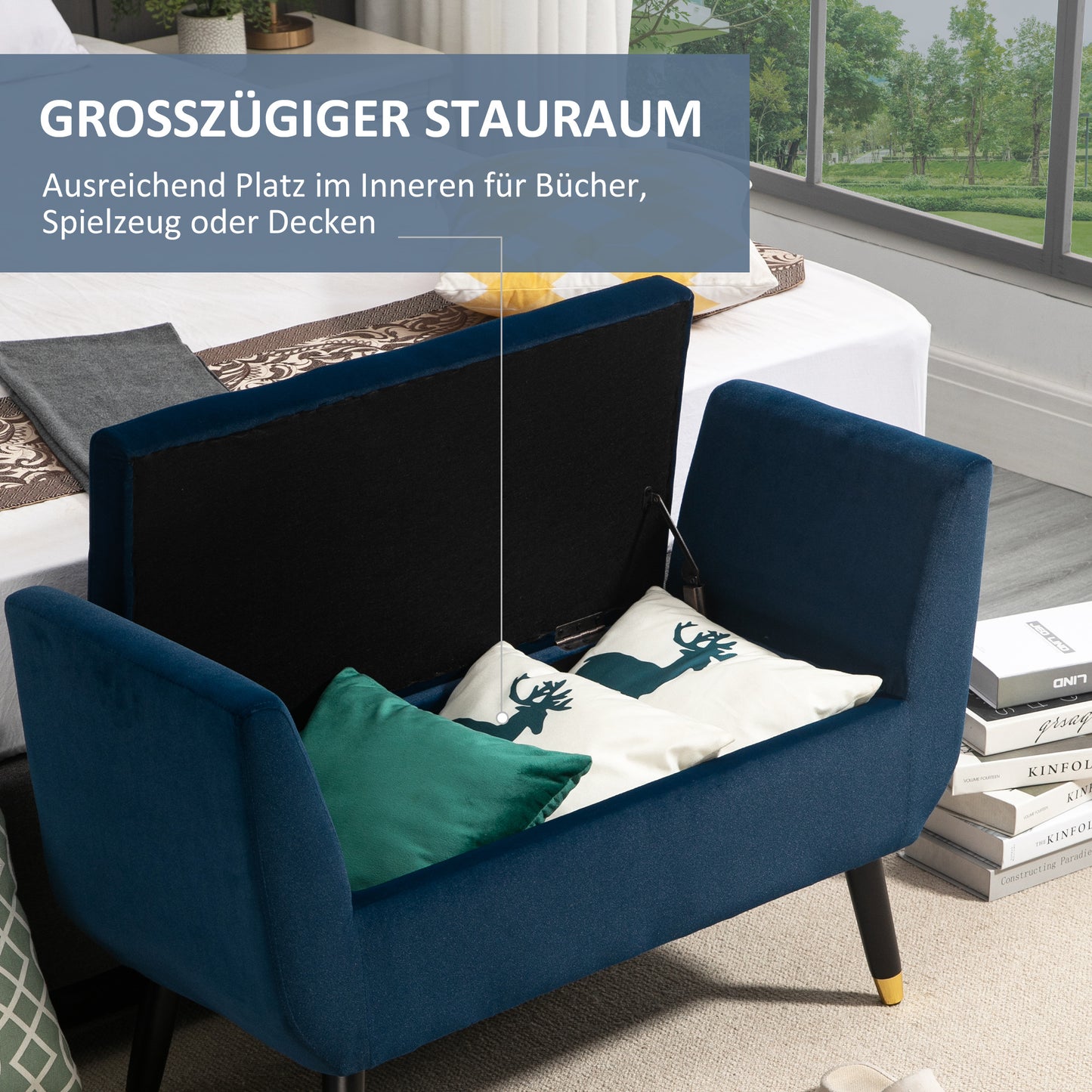 Opbergbank – zitbank – bench – opbergmeubel – zitkist – Velvet-Look Bekleding – Ruime Opbergruimte – Massief Houten Poten – Blauw – 107x42x65 cm