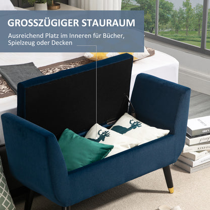 Opbergbank – zitbank – bench – opbergmeubel – zitkist – Velvet-Look Bekleding – Ruime Opbergruimte – Massief Houten Poten – Blauw – 107x42x65 cm