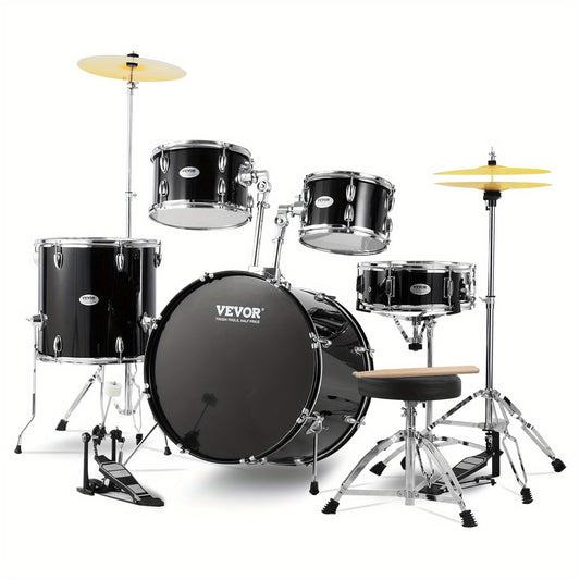 Drumstel – Drumkit – Drums – Percussieset – Slagwerk – 5-delig Compleet – 55,88 cm Bass Drum – Verstelbare Kruk – Zilverkleurig